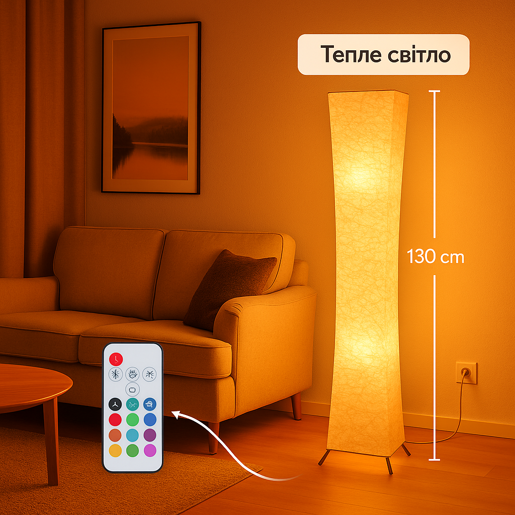 Торшер с LED подсветкой 130 см, USB+адаптер, теплый/холодный свет, регулировка яркости, пульт.